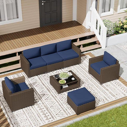 LOUVIXA 7 Piece Outdoor Patio Furniture Set, Rattan Chairs Glass Table Wicker - Image 3