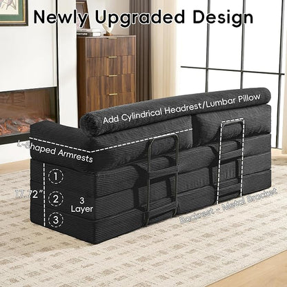 78" Boneless Couch, 5-in-1 Convertible Sofa Bed Tri Folding Mattress - Image 8