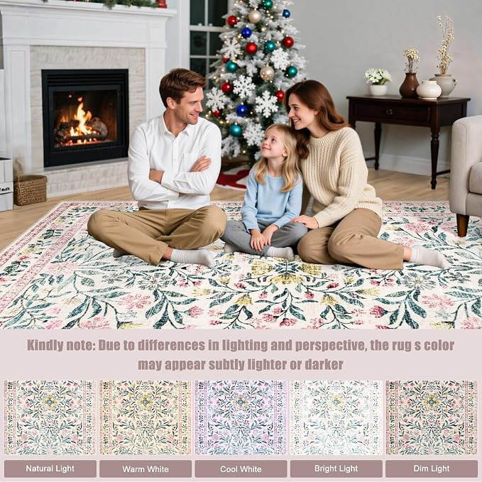 Area Rugs 9x12 Living Room: Floral Washable Rug Vintage Large Soft Boho - Image 8