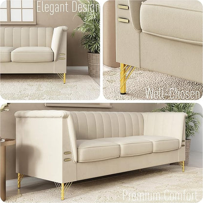 83.46" W Beige Velvet Sofa Couch - Image 6