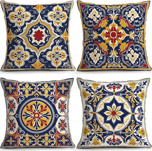 OBSEDE Throw Pillow Covers Set of 4, 18x18 Inch Blue and Yellow Mediterranean by OBSEDE