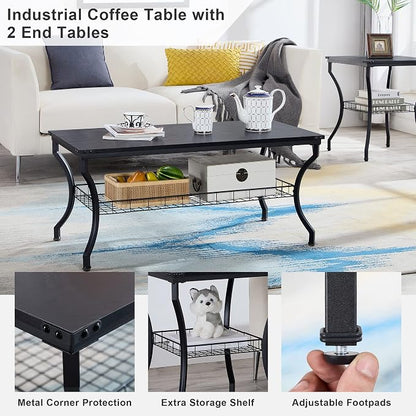VECELO 3 Pieces Living Room Table Sets, Coffee and End Tables - Image 3