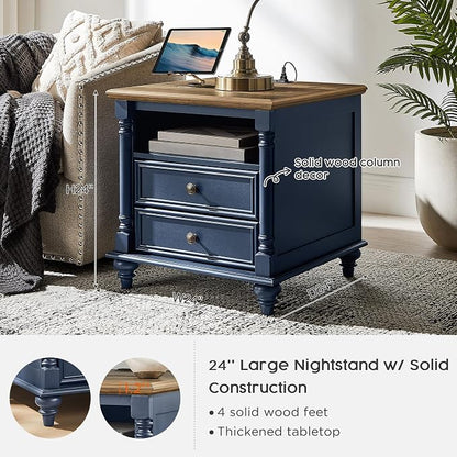 T4TREAM 24'' Farmhouse End Table w/4 Solid Wood Feet, Large 2 Drawers Wide Sofa - Image 3