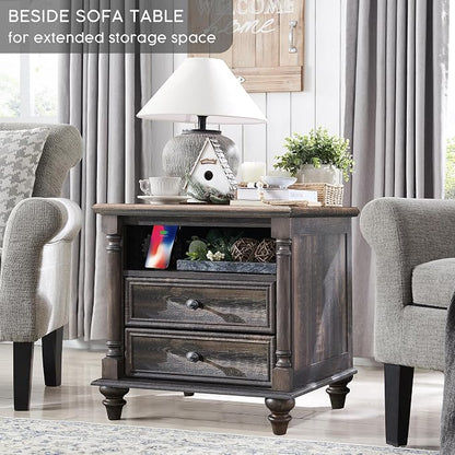 T4TREAM 24'' Farmhouse End Table w/4 Solid Wood Feet, Large 2 Drawers Wide Sofa - Image 5