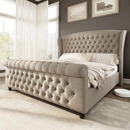 AMERLIFE King Size Platform Bed Frame, Linen Upholstered Sleigh Bed by AMERLIFE