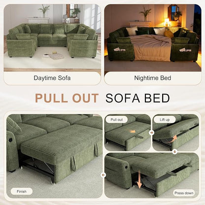 Hanherry Sectional Sofa with Pull Out Couch Bed, Corduroy Sleeper Sofa with 2 - Image 5