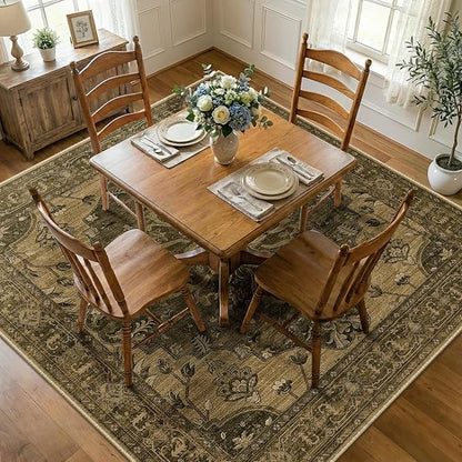RELEANY Area Rugs Square 7ft Washable Non-Slip, Floral Vintage Distress Print by RELEANY