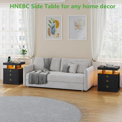 HNEBC Nightstand with Gun Drawers, LED Farmhouse Night Stand with Charging - Image 8