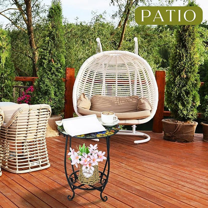 Cinnvoice Outdoor Side Table Round Small Mosaic Patio Accent Indoor End Plant - Image 4