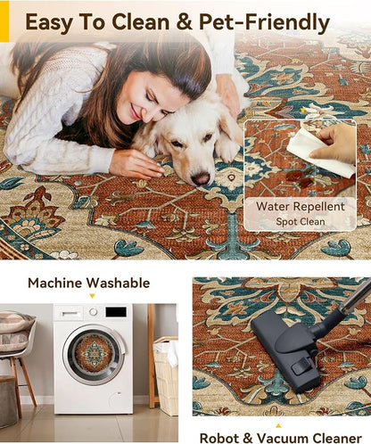 RELEANY Area Rugs Round 8ft Washable Non-Slip, Floral Vintage Distress Print - Image 5