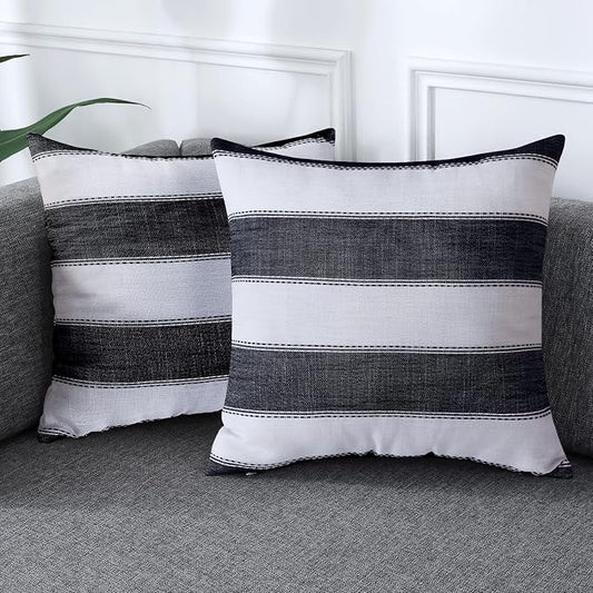 AmHoo Pack of 2 Farmhouse Stripe Check Throw Pillow Covers Set Case Cotton by AmHootextile