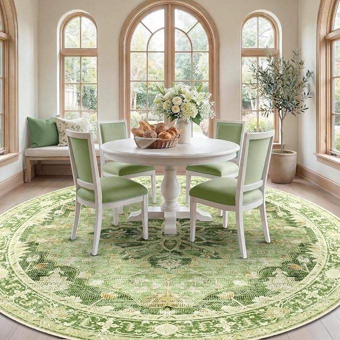 RELEANY Area Rugs Round 8ft Washable Non-Slip, Floral Vintage Distress Print - Image 2