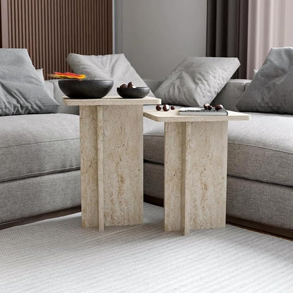 Travertine Efect Square Nesting Table Set of 2 Modern Coffee Table Small Side - Image 9