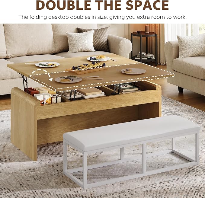 Coffee Table with Bench, 4-in-1 Multi-Function Coffe Table w/Curved Corner - Image 3