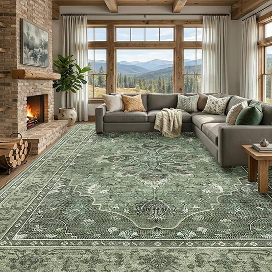 RELEANY Area Rugs 9'x12' Washable Non-Slip, Floral Vintage Distress Print by RELEANY
