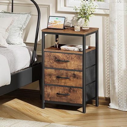 Huuger Nightstand with Charging Station, 27.6 Inch Bedside Table with Fabric - Image 2