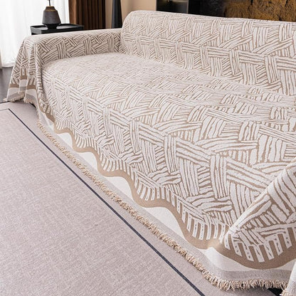 VClife Boho Couch Cover, Abstract Cream and Khaki Line Geometric Jacquard Couch - Image 4