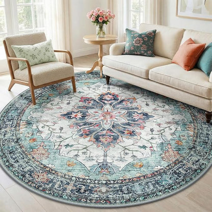 RELEANY Area Rugs Round 6ft Washable Non-Slip, Floral Vintage Distress Print by RELEANY