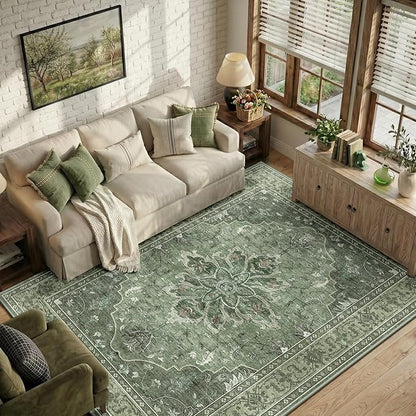 RELEANY Area Rugs 6'x8' Washable Non-Slip, Floral Vintage Distress Print by RELEANY