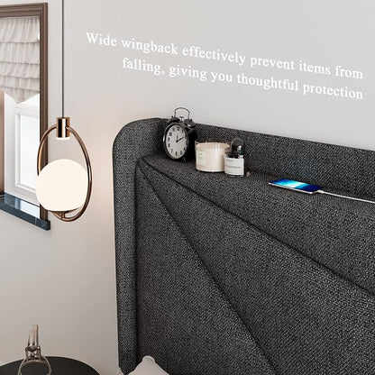 Feonase Full Bed Frame with Charging Station, Linen Upholstered Platform - Image 4