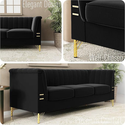83.46" W Black Velvet Sofa Couch - Image 4