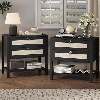 Xixini Nightstand Set of 2, Rattan Boho Bedside Table by Xixini