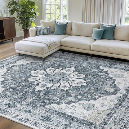 RELEANY Area Rugs 7'x10' Washable Non-Slip, Floral Vintage Distress Print by RELEANY