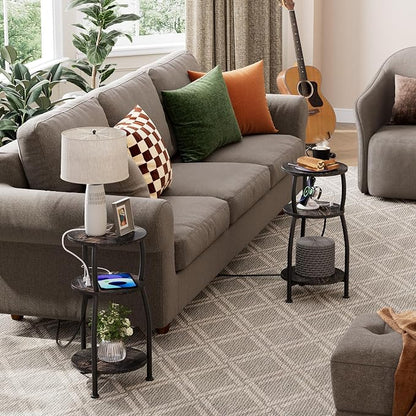 Round Side Table with Power Outlet & USB Ports, 3-Tier End Table with Storage - Image 6