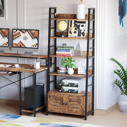 IRONCK Bookshelf with Louvered Doors, 4-Tier Ladder Shelf with Cabinet - Image 2