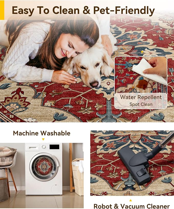 RELEANY Area Rugs Round 7ft Washable Non-Slip, Floral Vintage Distress Print - Image 4
