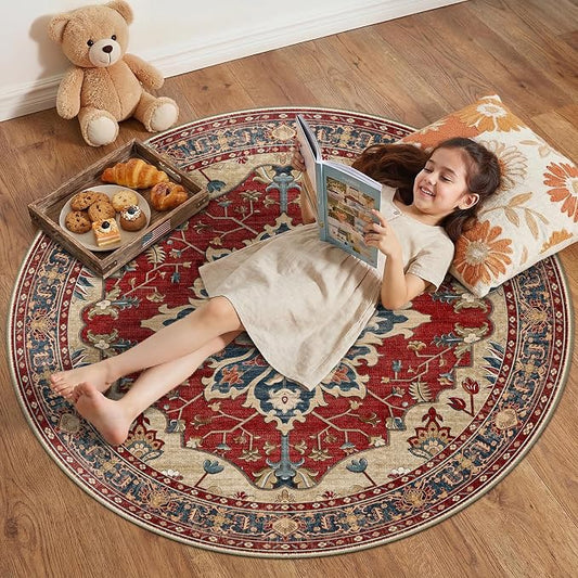 RELEANY Area Rugs Round 4ft Washable Non-Slip, Floral Vintage Distress Print by RELEANY