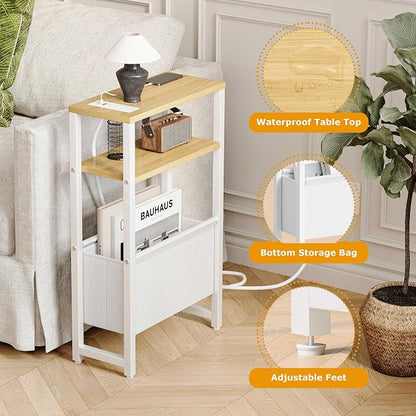 Narrow Side Table with Charging Station Slim End Table Sofa with Magazine Rack - Image 6