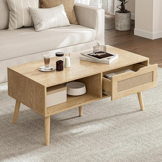 ZttRiee Coffee Table with Storage, Boho Dining Table with Rattan Drawer and by ZttRiee