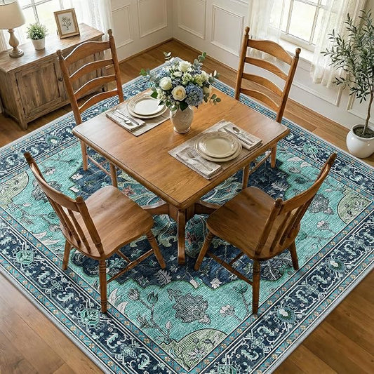RELEANY Area Rugs Square 7ft Washable Non-Slip, Floral Vintage Distress Print by RELEANY