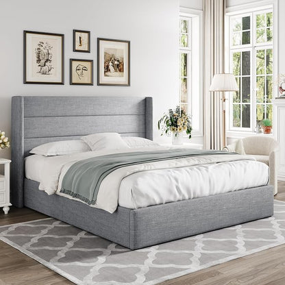 Allewie Full Size Lift Up Storage Bed, Modern Wingback Headboard, Hydraulic - Image 7