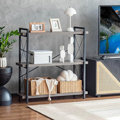 HCHQHS Bookshelf, 3-Tier Industrial Bookcase, Rustic Open Book Shelf, - Image 2