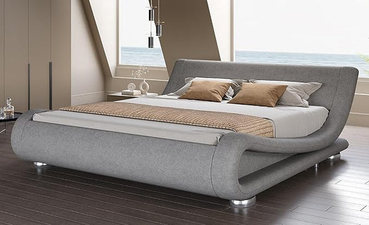 SHA CERLIN Full Size Upholstered Bed Frame, Deluxe Low Profile Sleigh Bed by SHACERLIN