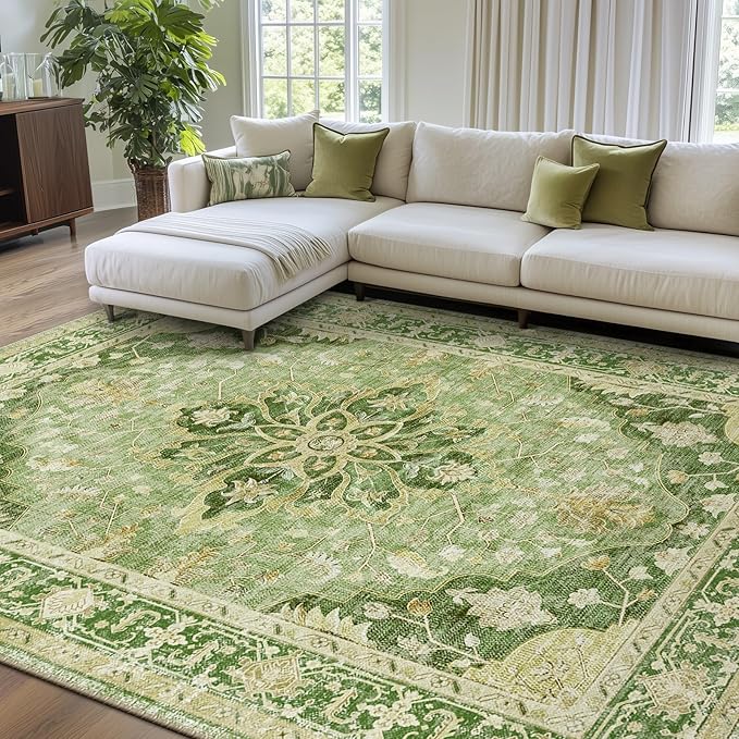 RELEANY Area Rugs 7'x9' Washable Non-Slip, Floral Vintage Distress Print by RELEANY