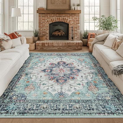 RELEANY Area Rugs Square 8ft Washable Non-Slip, Floral Vintage Distress Print by RELEANY