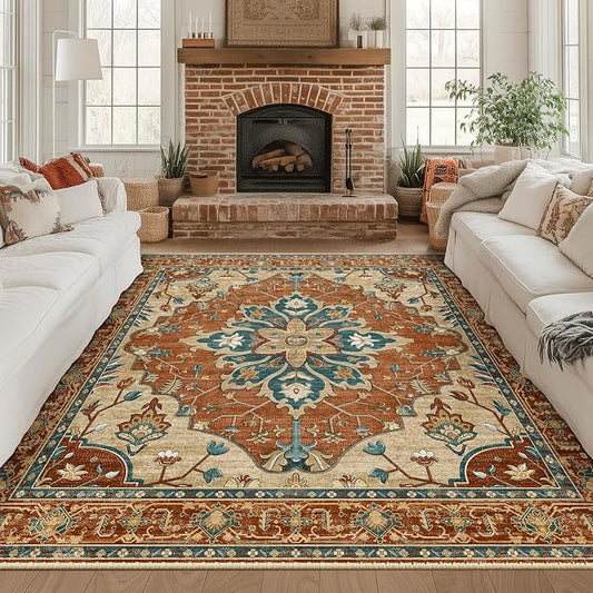 RELEANY Area Rugs Square 8ft Washable Non-Slip, Floral Vintage Distress Print by RELEANY