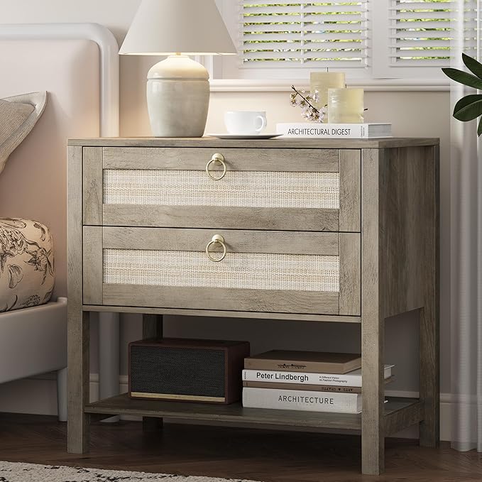 Xixini Nightstand wih 2 Drawers & Open Shelf, Small Mid Century Modern Night by Xixini