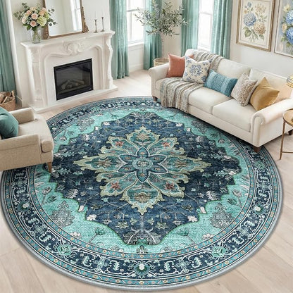 RELEANY Area Rugs Round 8ft Washable Non-Slip, Floral Vintage Distress Print by RELEANY