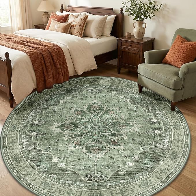 RELEANY Area Rugs Round 6ft Washable Non-Slip, Floral Vintage Distress Print - Image 3
