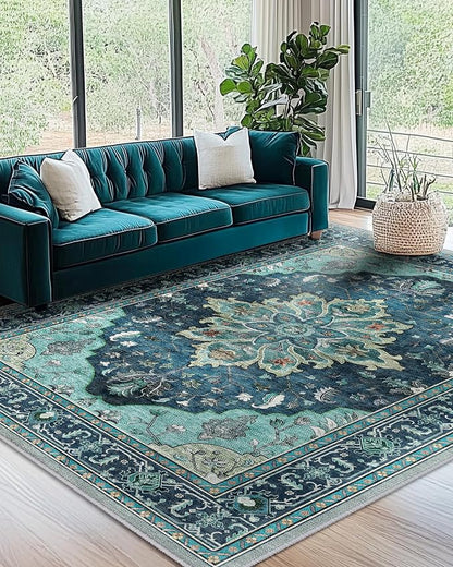 RELEANY Area Rugs 7'x9' Washable Non-Slip, Floral Vintage Distress Print by RELEANY