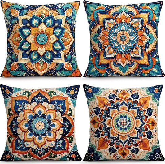 OBSEDE Boho Mandala Throw Pillow Covers Set of 4, 18x18 Inch Blue and Orange by OBSEDE