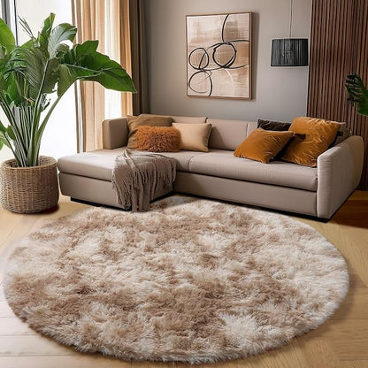 Amdrebio Tie-Dyed Beige Tan Round Circle Area Rug 5Ft - Image 3