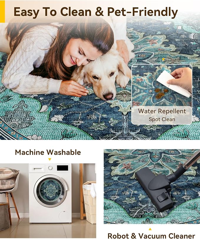 RELEANY Area Rugs Round 7ft Washable Non-Slip, Floral Vintage Distress Print - Image 4