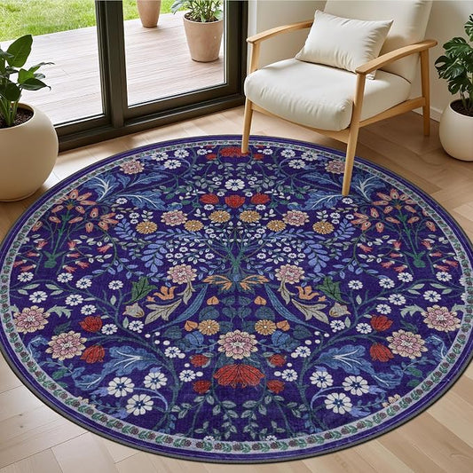 Round Area Rug for Living Room: 4 ft Floral Washable Circle Rug Soft Boho by PLHXFRSoftAreaRugs