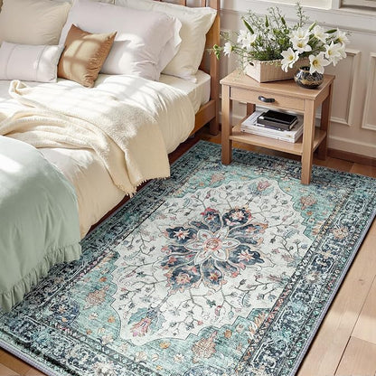 RELEANY Area Rugs 3'x4' Washable Non-Slip, Floral Vintage Distress Print by RELEANY