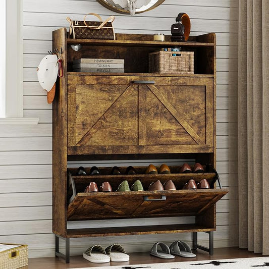 BORNOON Shoe Cabinet with 2 Flip Drawers Narrow Shoe Storage Cabinet Organizer by BORNOON
